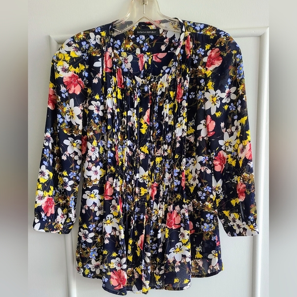 Banana Republic XXS petite navy multi-colored floral blouse - Picture 1 of 6